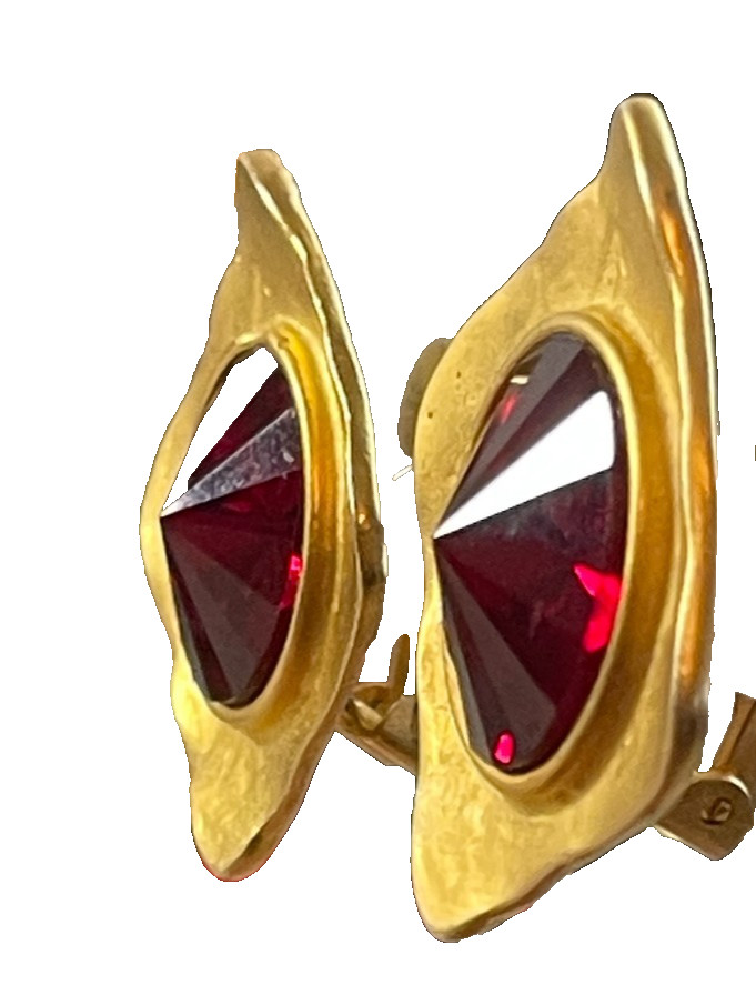 Norma Jean Brushed Satin Goldtone Red Deep Berry Rivoli Crystal Clip Earrings
