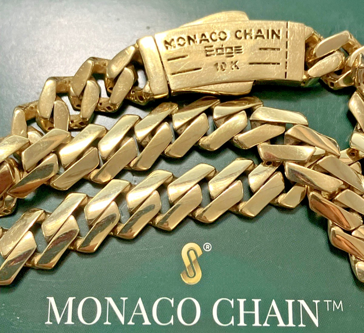 10kt Real Gold Monaco Edge Cuban Chain 9mm CZ Lock 23.5grams 18.5” New With tag.
