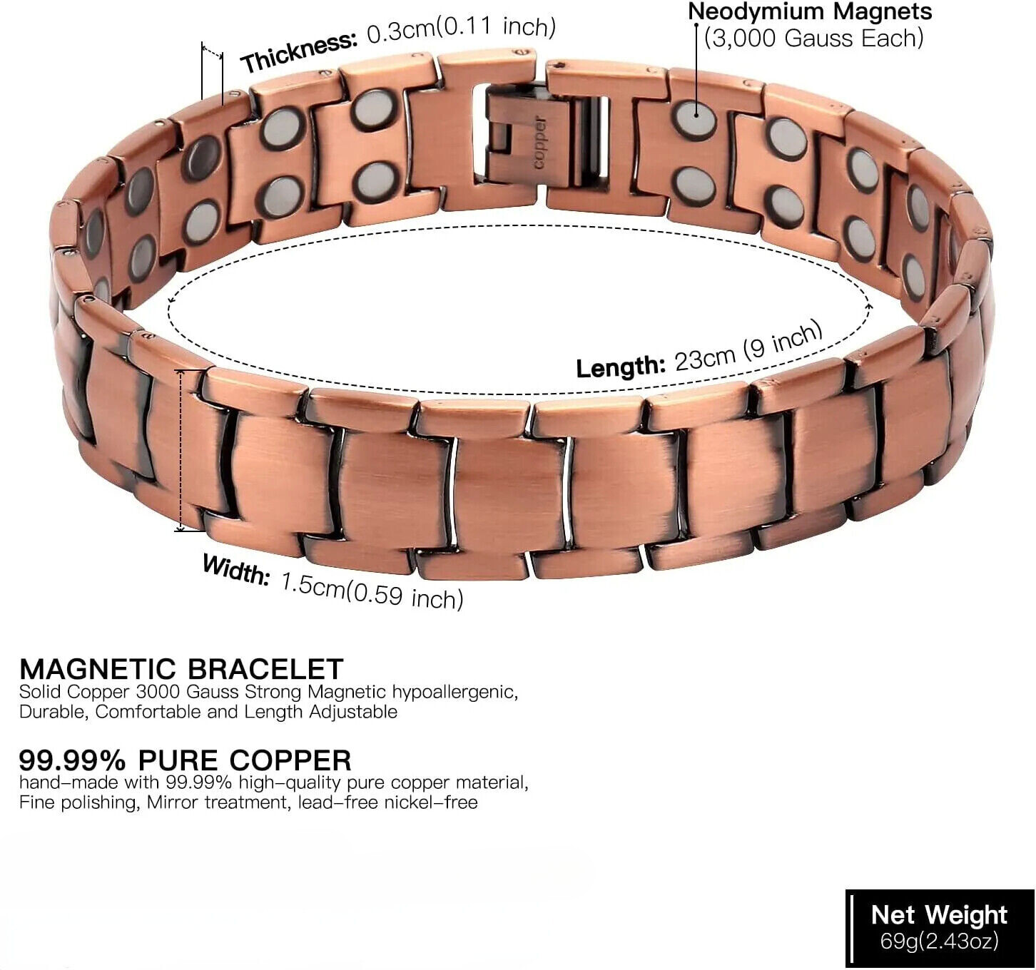 Copper Magnetic Bracelet Arthritis Pain Energy MEN WOMEN ADJUSTABLE CUFF NEW US
