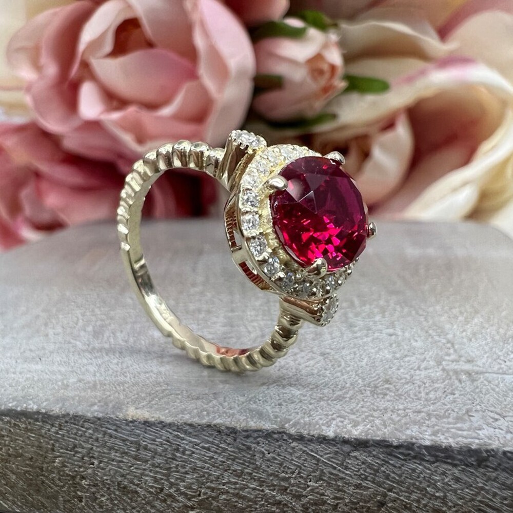 14K Yellow Gold Wedding Ring Lab Created 3.50 Ct Diamond Women Ruby Oval Red