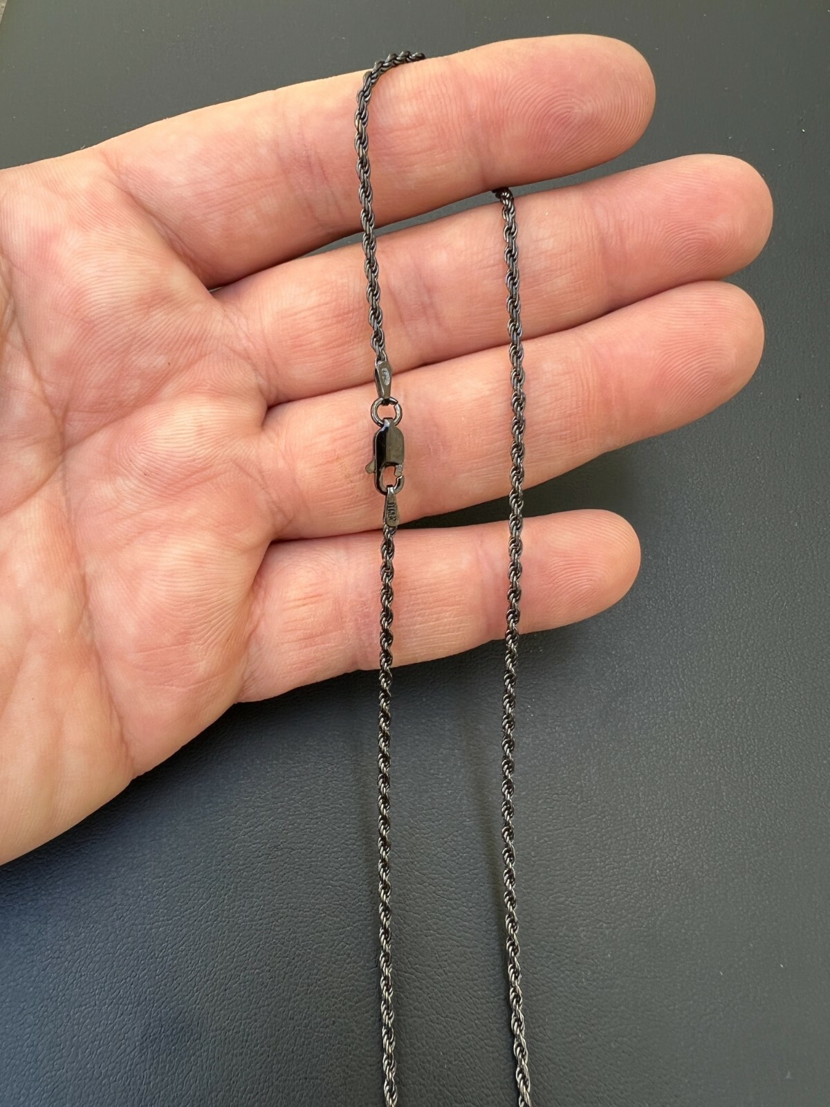 2mm Rope Chain Necklace Oxidized Black Rhodium Real 925 Sterling Silver 16-30″