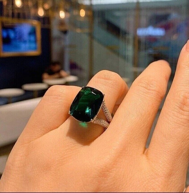 3Ct Cushion Cut Lab-Created Green Emerald Engagement Ring 14k White Gold Plated