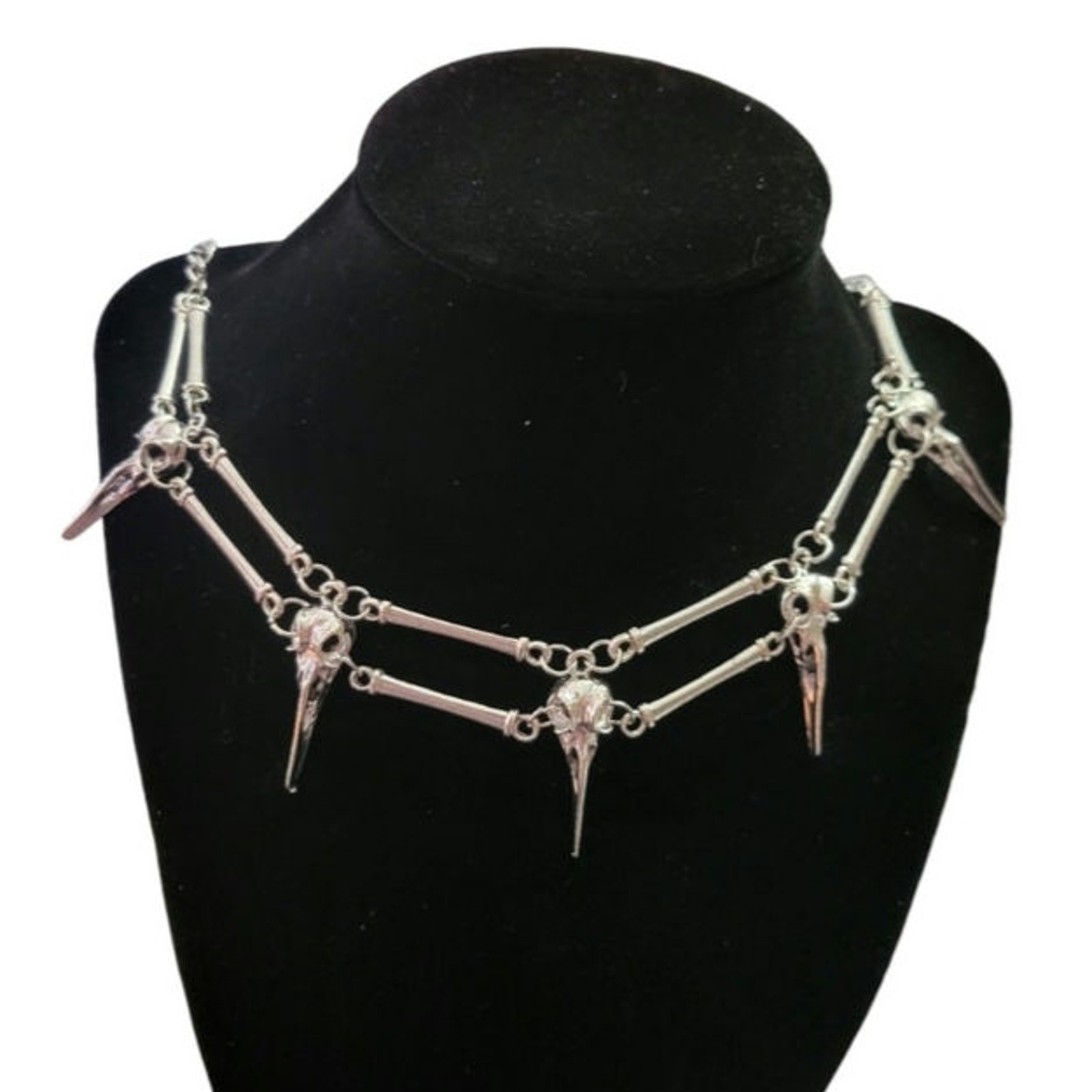 Gothic bird raven skull layered choker necklace