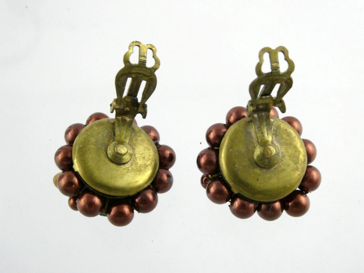 Vintage Rhinestone Clip on Earrings Burgundy Iridescent Lava Rock Gems Unsigned