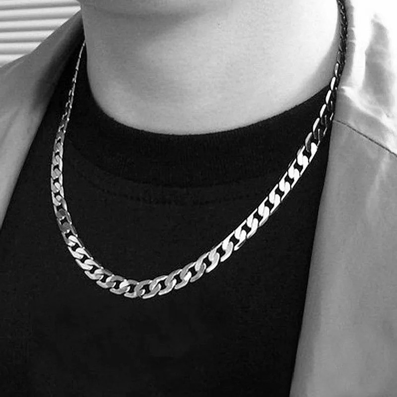 925 Sterling Silver Plated Flat Cuban Link Chain Necklace Men 4-10mm Jewelry