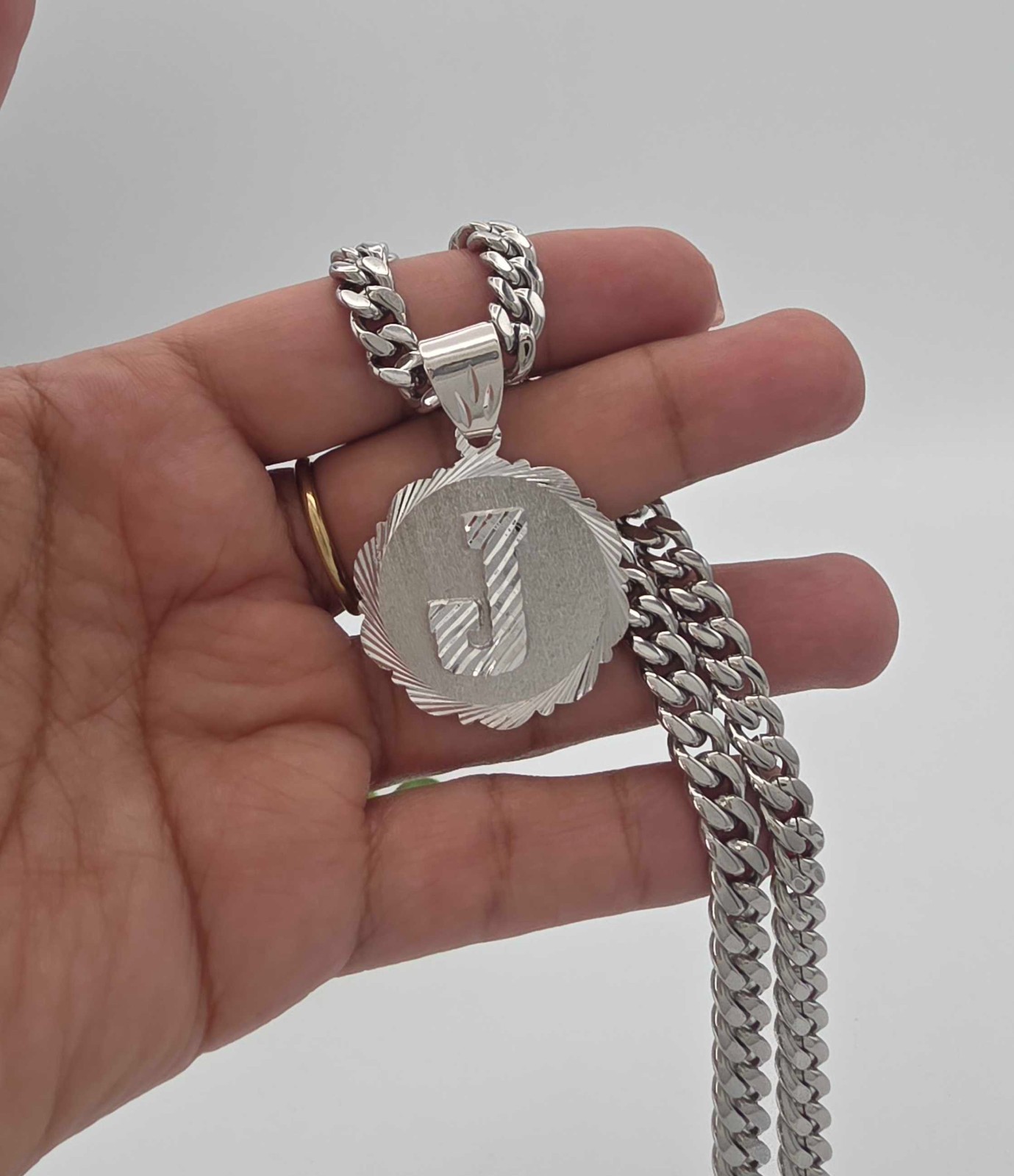 Silver Initial Necklace: 7mm Cuban Chain, 30mm Pendant, Lifetime Replacement