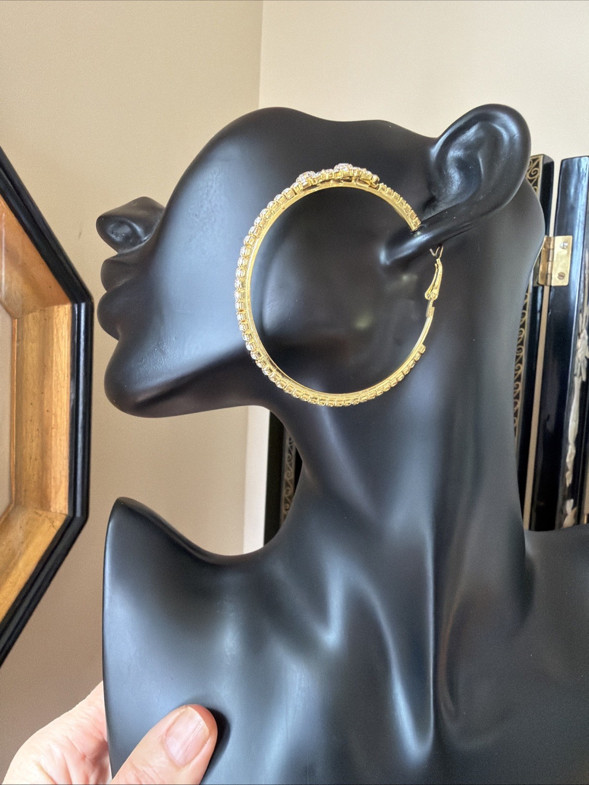 Gold Tone Rhinestone Hoop Earrings Large Statement Floral Cluster 2.5” Glam