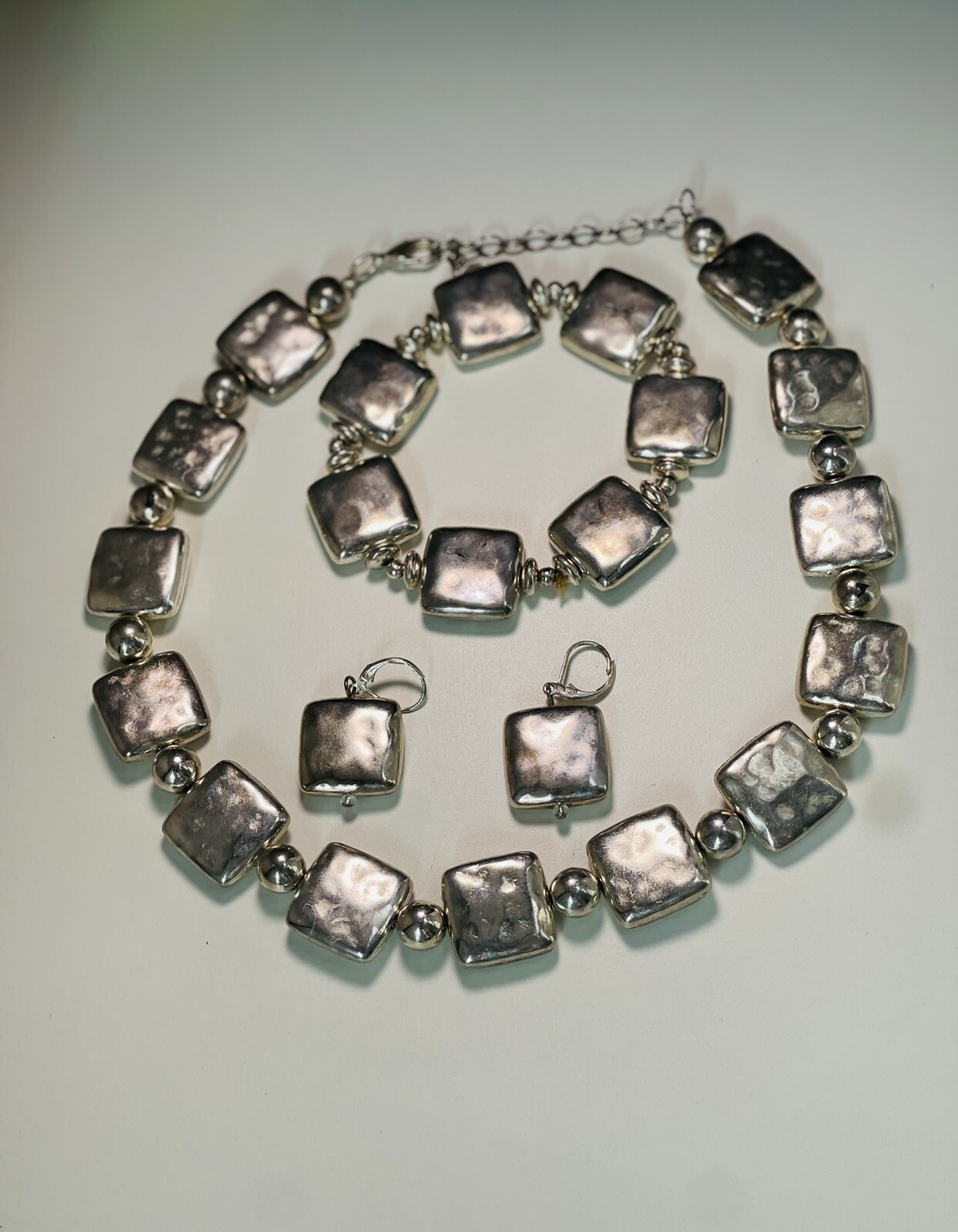 vintage handmade set necklace bracelet and earrings made of very light metal