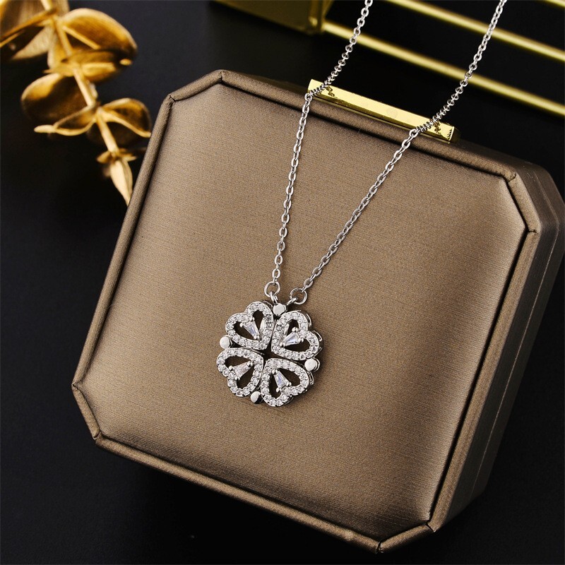 Fashion 925 Sterling Silver Love Heart Shaped Clover Magnetic Pendant Necklace