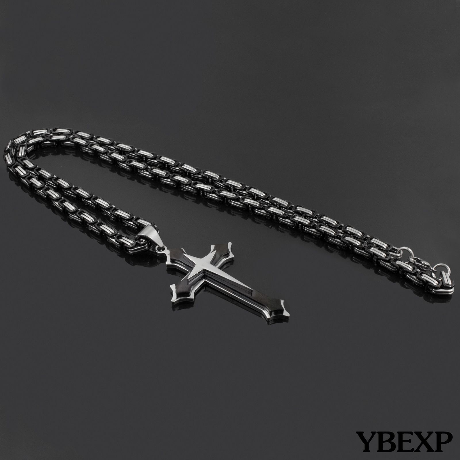 20”-36”Men Stainless Steel Cross Pendant Black Necklace Byzantine Box Necklace