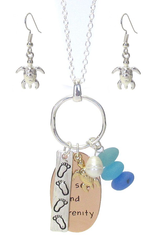 Beach Theme Sea Glass Pendant Necklace Silver Mixed Metals Earrings Sets Anklet