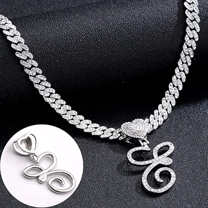 Alphabet Initial Letter Silver Plated Alloy Cubic Zirconia Cuban Chain Necklace