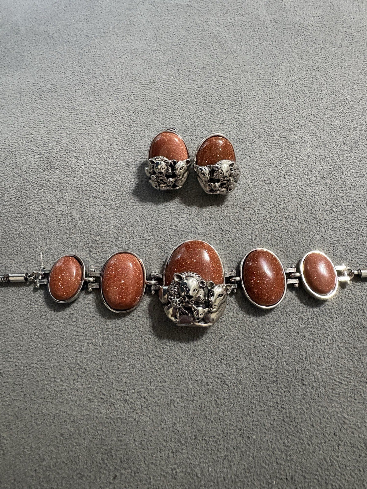 Vintage Silver Tone Goldstone Bracelet And Earrings Set Lion Family