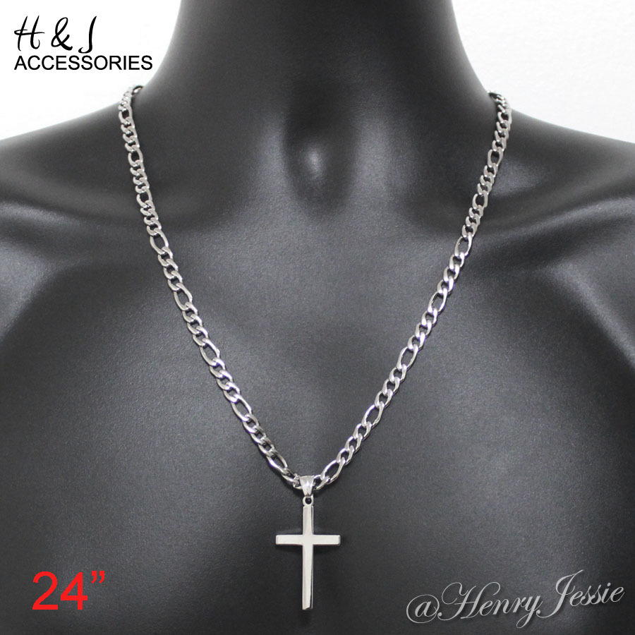 18-36″MEN Stainless Steel 4mm Silver Figaro Link Chain Simple Cross Pendant*SP