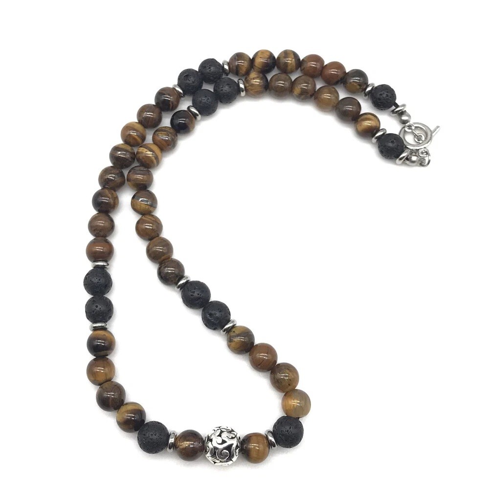24″ Men’s 8mm Natural Tiger Eye Lava Bead Necklace Stainless Steel Toggle Gift