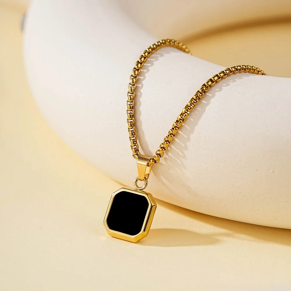 Square Pendant Necklace Stylish Black Geometric Pendant Stainless Steel Necklace