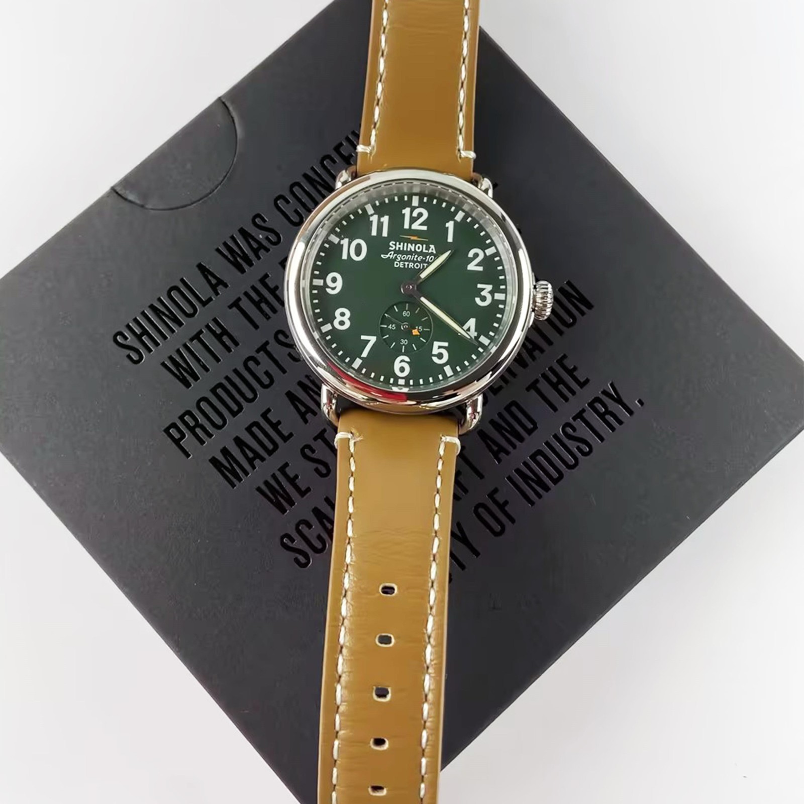 Shinola The Runwell Green Dial and Tan Leather Strap Men/Women Quartz Watch 41MM