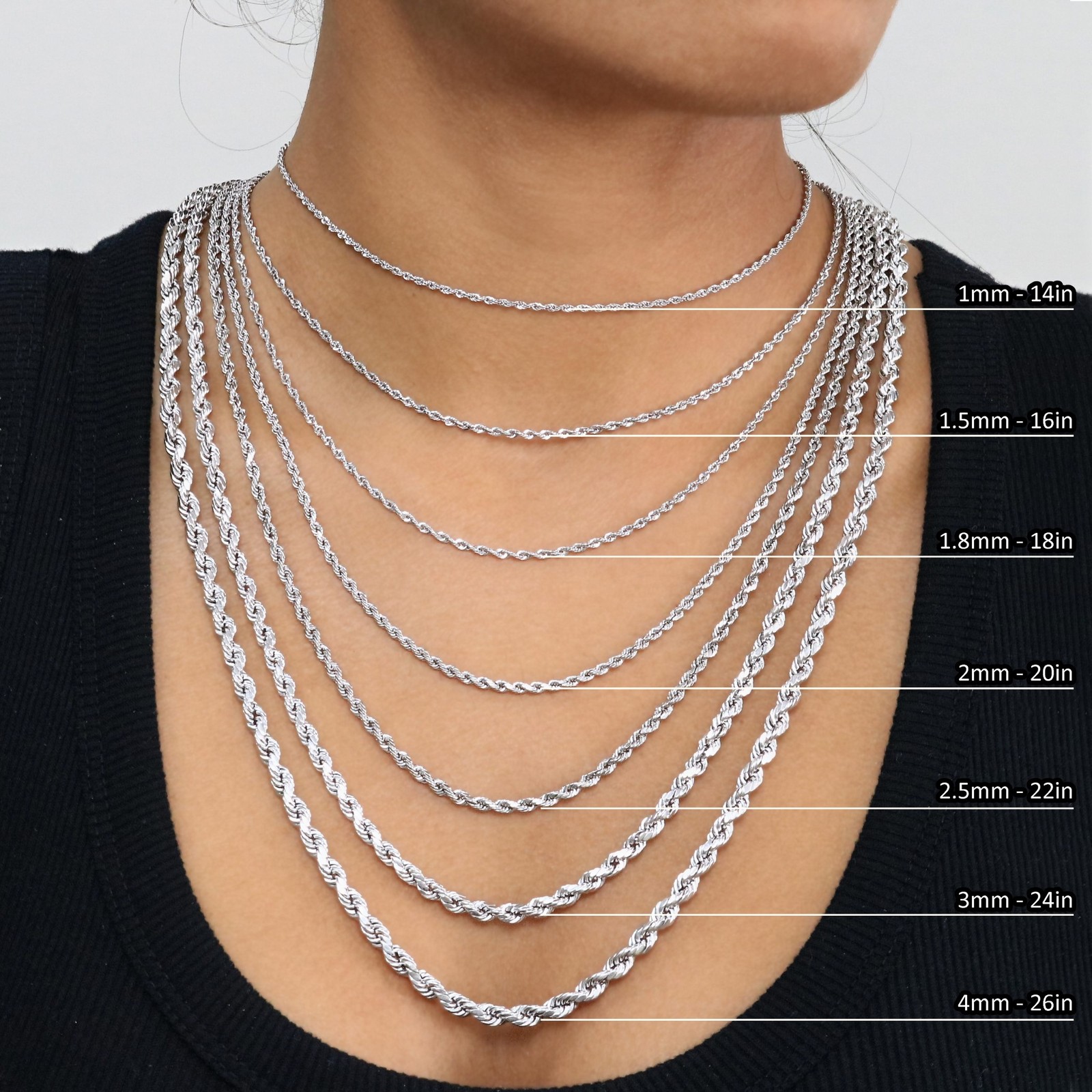 14K White Gold 1.5mm-5mm Diamond Cut Rope Chain Necklace Mens Womens 14″-30″