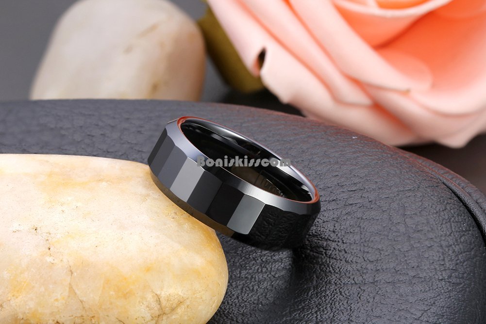 8 mm Comfort Fit Black Ceramic Faceted Ring Men’s Anniversary Wedding Band