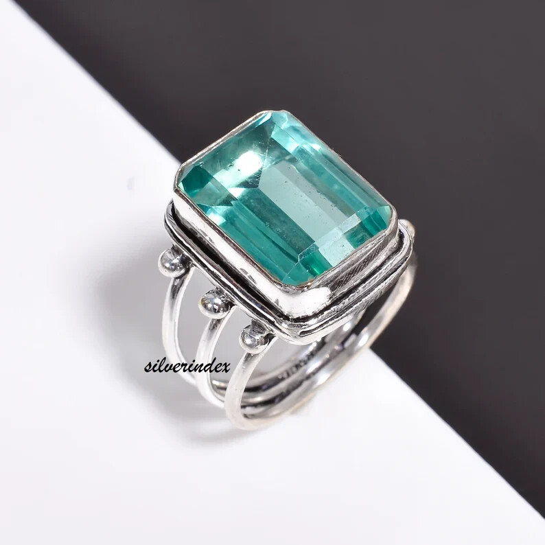 Natural Aquamarine 925 Sterling Silver Band& Statement Ring Handmade All Size