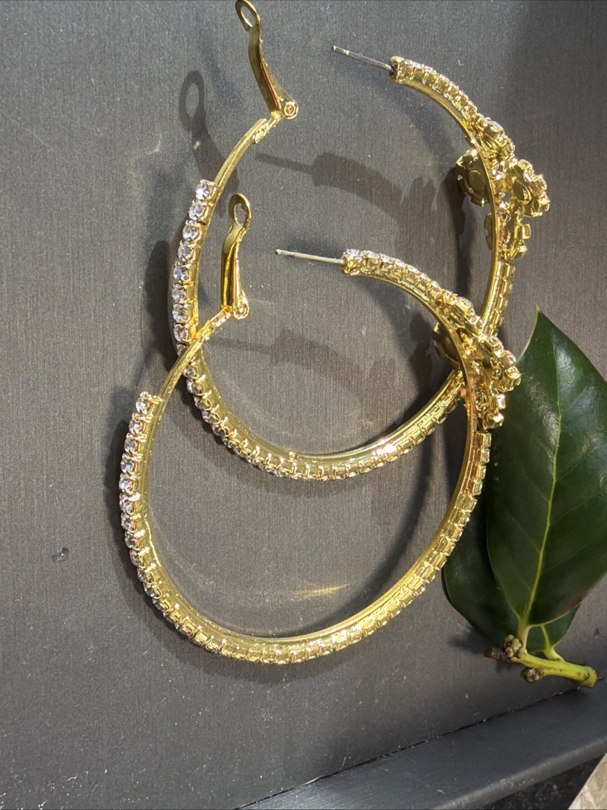 Gold Tone Rhinestone Hoop Earrings Large Statement Floral Cluster 2.5” Glam