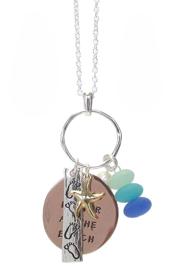 Beach Theme Sea Glass Pendant Necklace Silver Mixed Metals Earrings Sets Anklet