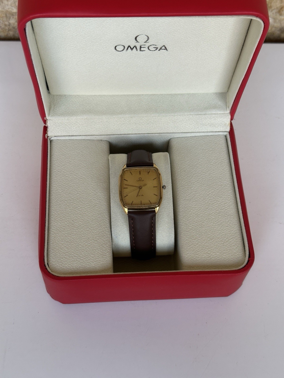Vintage Omega De Ville 191.0182 Gold Plated Quartz 30x37mm Tapestry Dial Boxed
