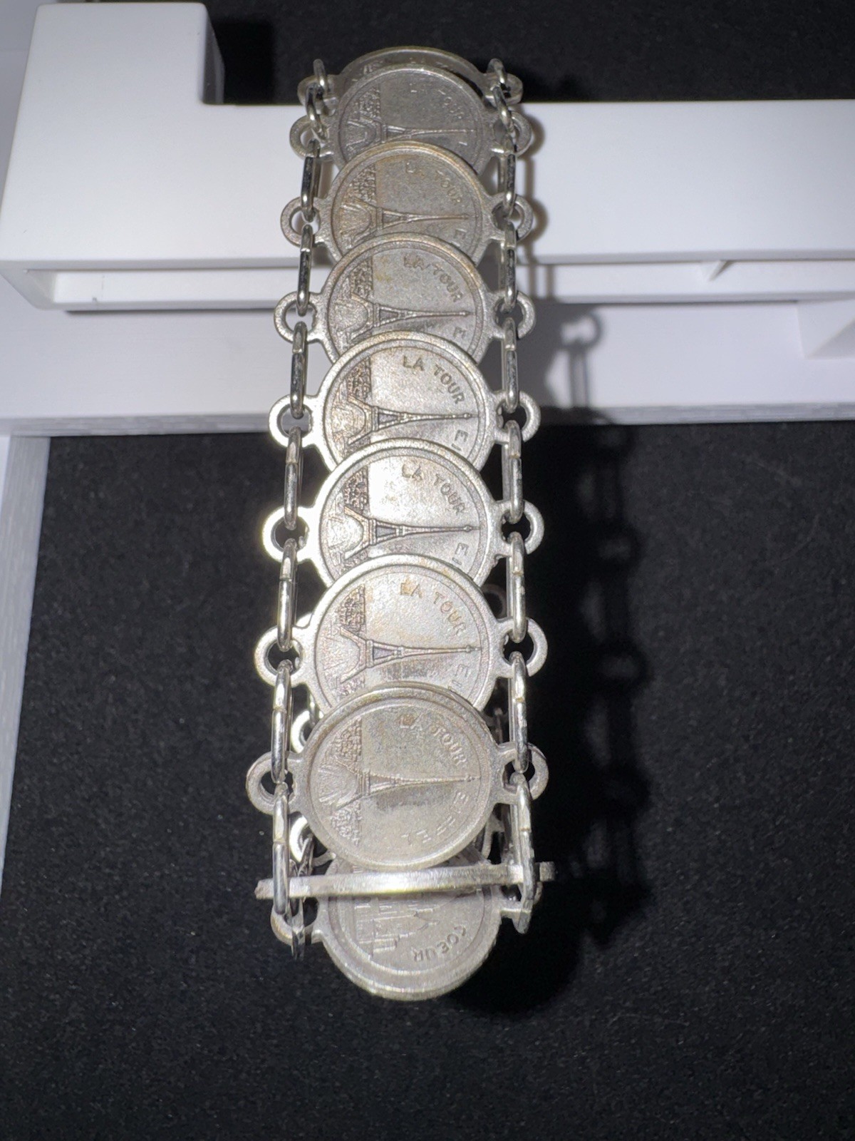 Paris France Travel Coin Charm Bar Link Chain Bracelet, Silver Tone Lobster
