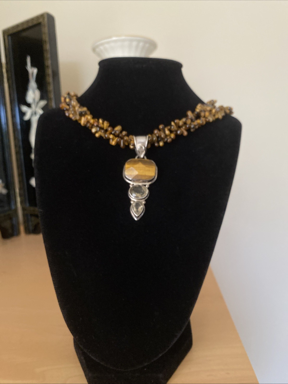 Vintage Tigers Eye Beaded Choker Pendant Necklace Estate Fine Jewelry Pre-Owned