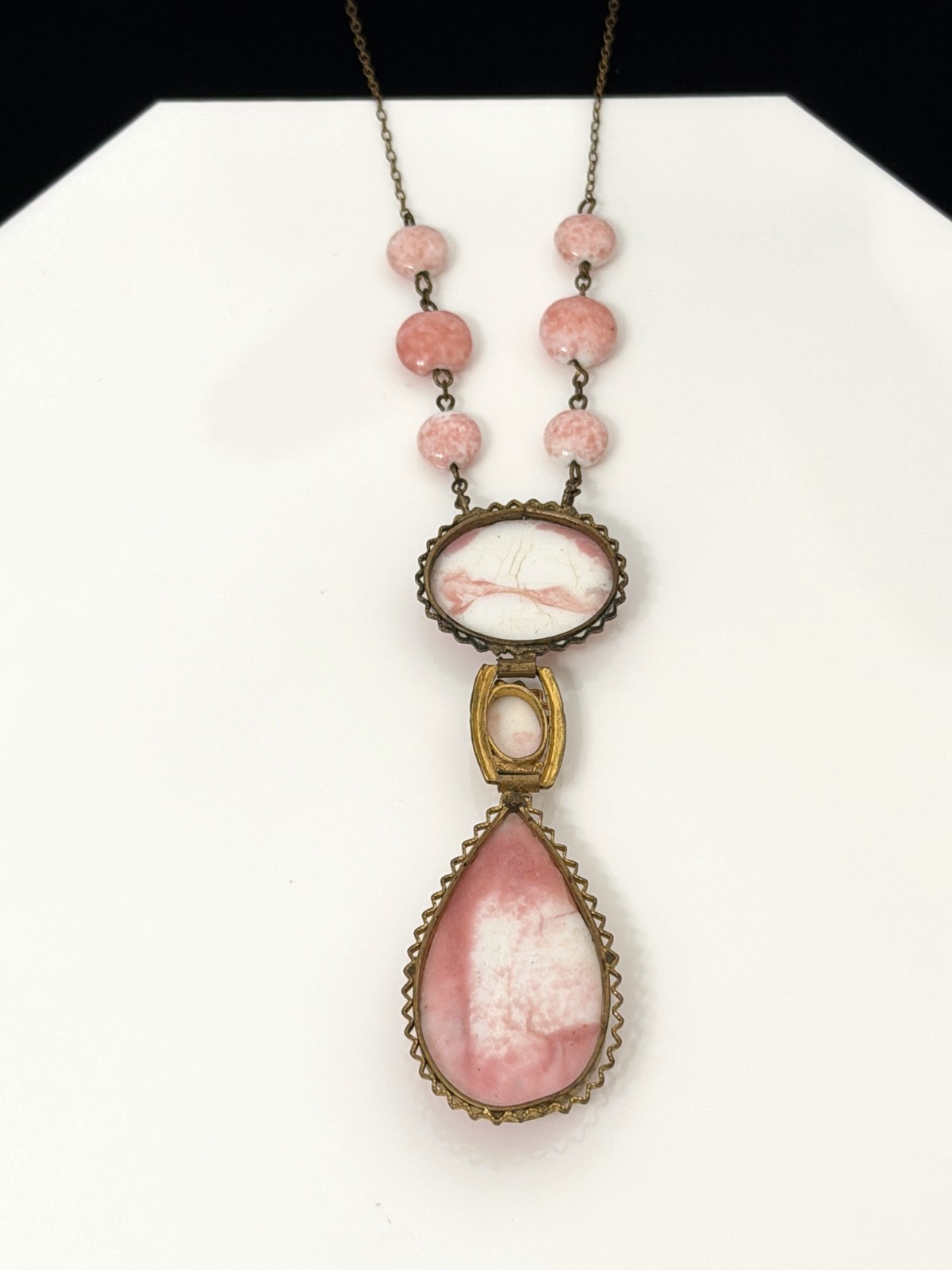 Antique Vintage 1930s Signed CZECH Art Deco Pink Peking Glass & Brass Necklace