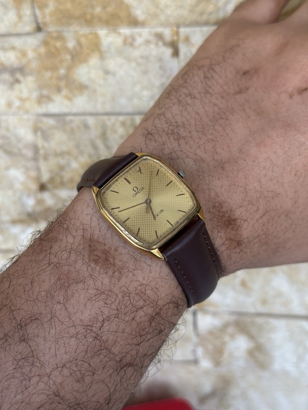 Vintage Omega De Ville 191.0182 Gold Plated Quartz 30x37mm Tapestry Dial Boxed