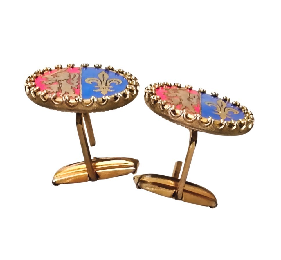 Generic Heraldic Cufflinks Gold Lion Red & Blue Enamel