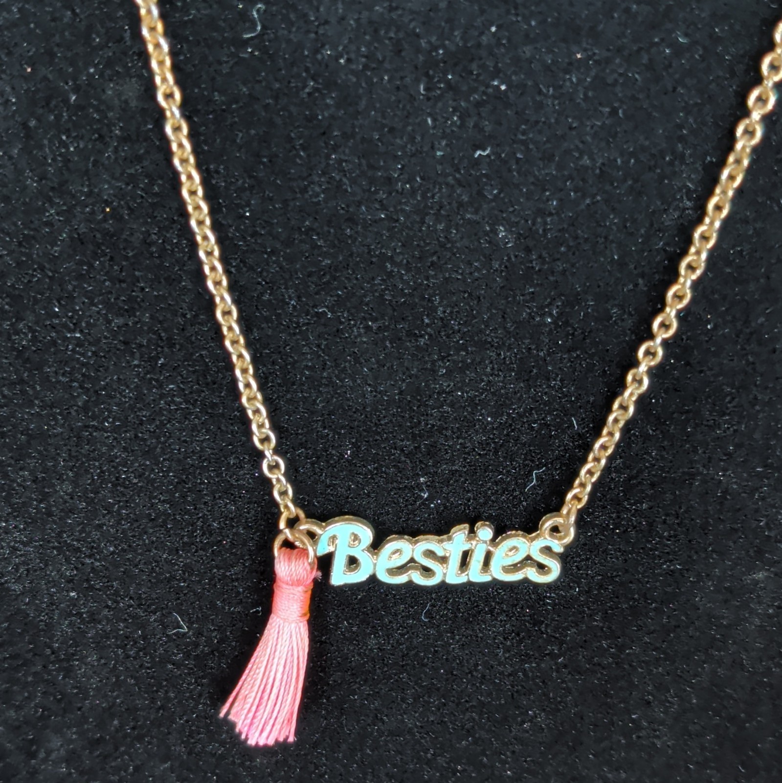 Gold Tone Cable Chain Necklace “Besties” Charm Pendant w/ Pink Tassel