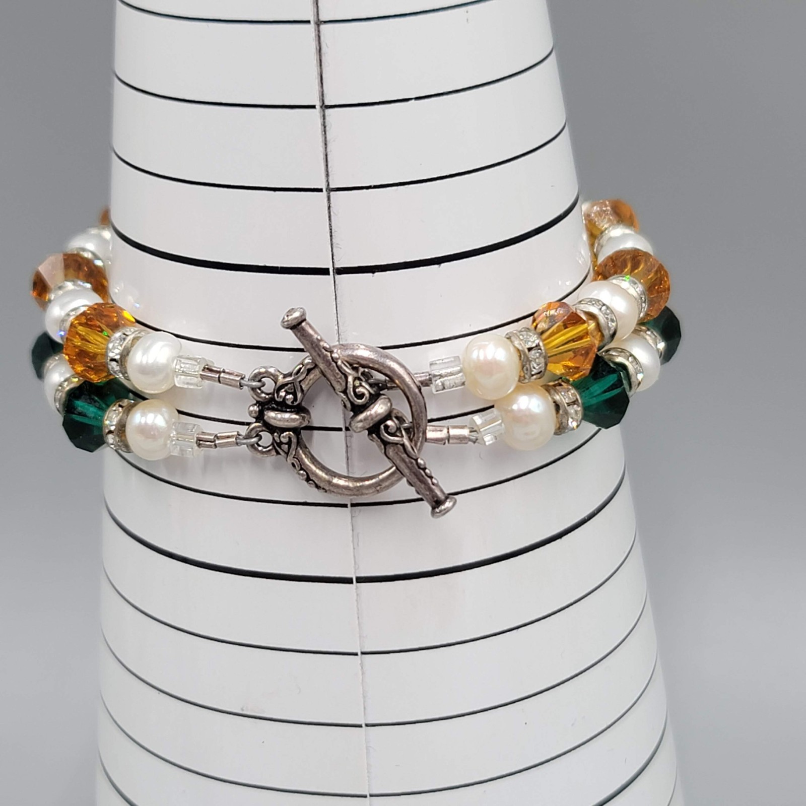 Beaded Bicone Crystal Green Orange Double Strand Bracelet Silver tone Toggle 6.5
