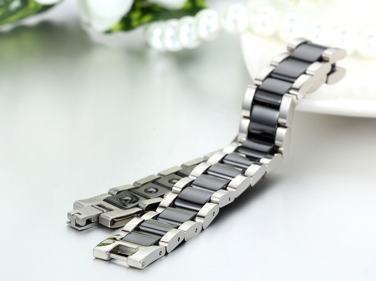 Men’s Wide Ceramic Link Stainless Steel Health Power Therapy Magnetic Bracelet