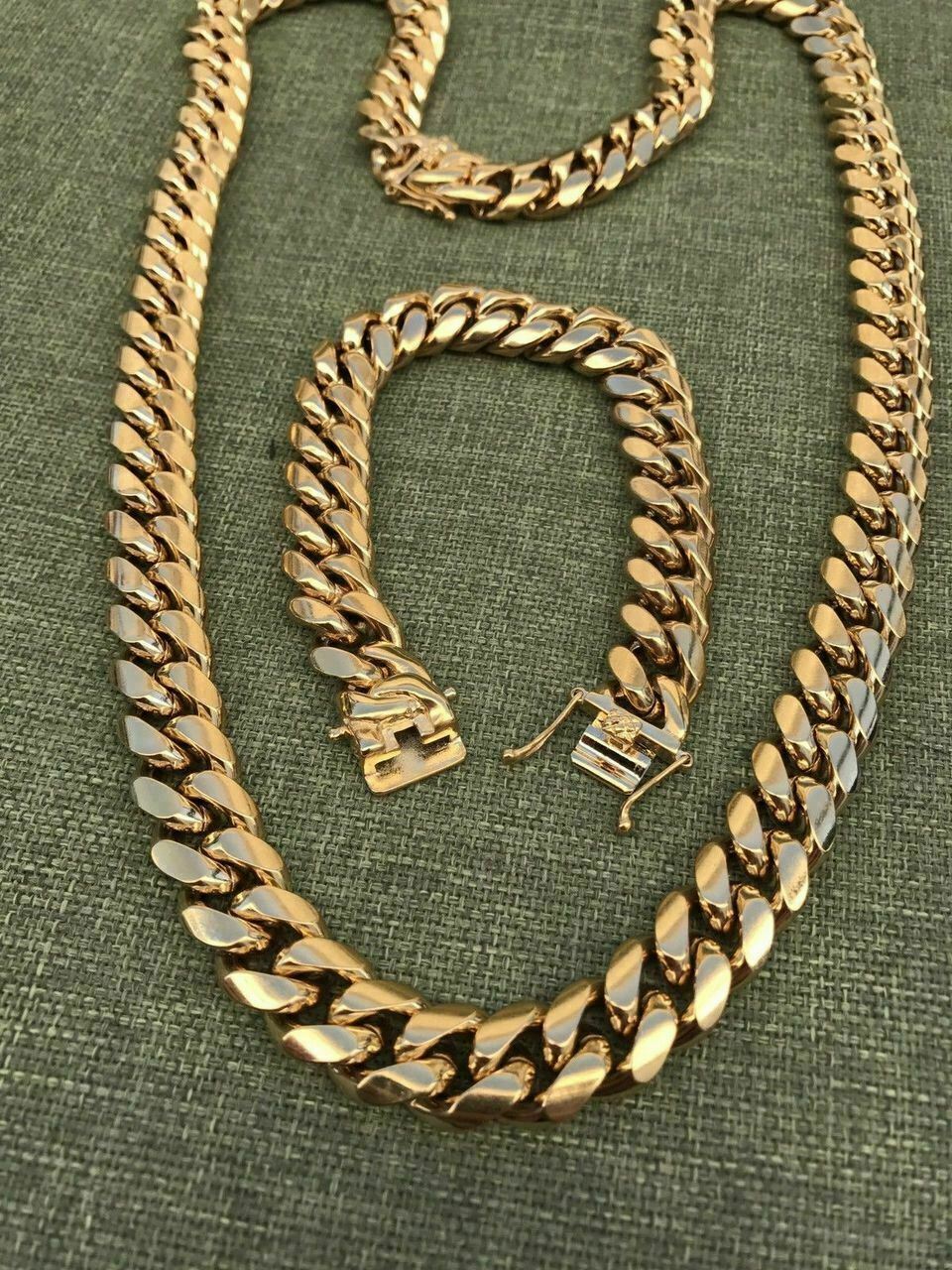14mm Men’s Miami Cuban Link Bracelet & Chain Set 18k Gold Plated Stainless Steel