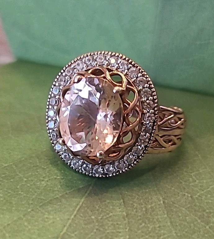 Fuzion Creations Peach Morganite & Diamond Halo Statement Ring Size 7