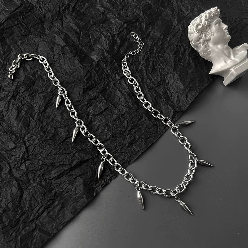 Stainless Spike Bullet Pendant Oval Link Choker Unisex Adjustable Necklace