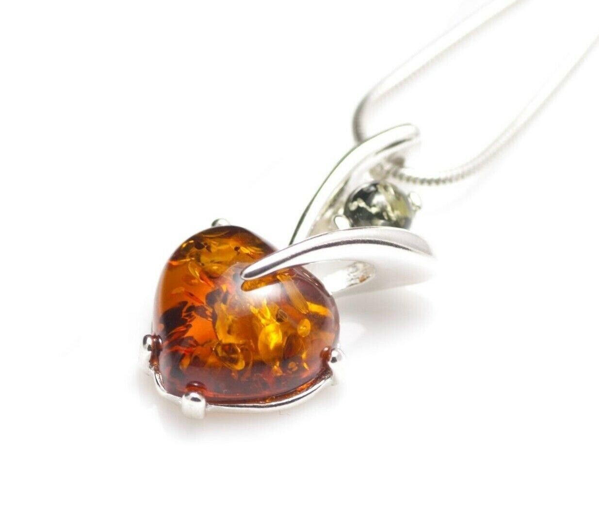 Natural Baltic Amber Sterling Silver 925 Heart Pendant Necklace Gift Jewellery