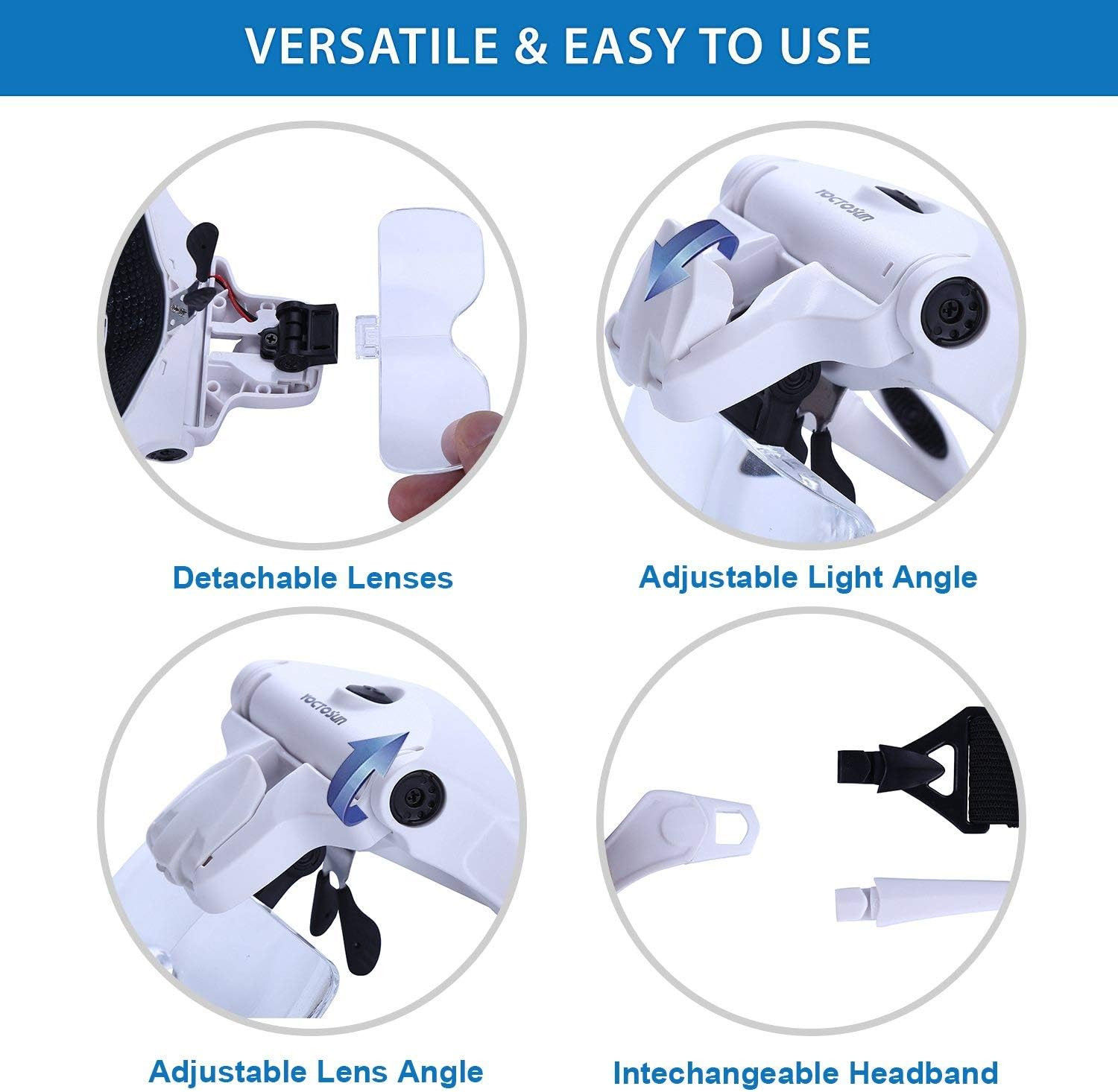 Magnifying Glasses with Light, Head Mount Magnifier with 5 Lenses, Headband, Sto