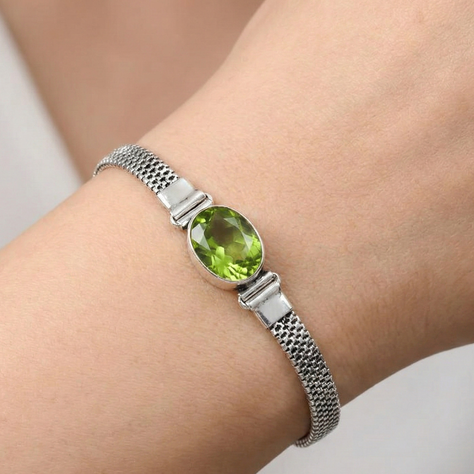 Green Peridot Gemstone 925 Sterling Silver Adjustable Chain Bracelet For Gift