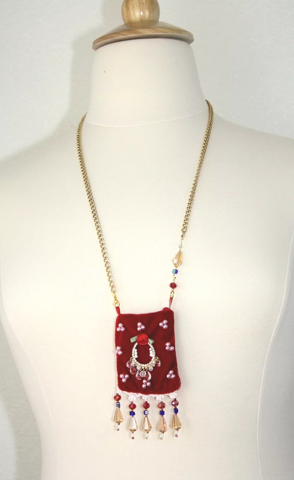 BOHO Handmade Amulet Healing Crystal Key Pouch Necklace Red Beaded Velvet OOAK