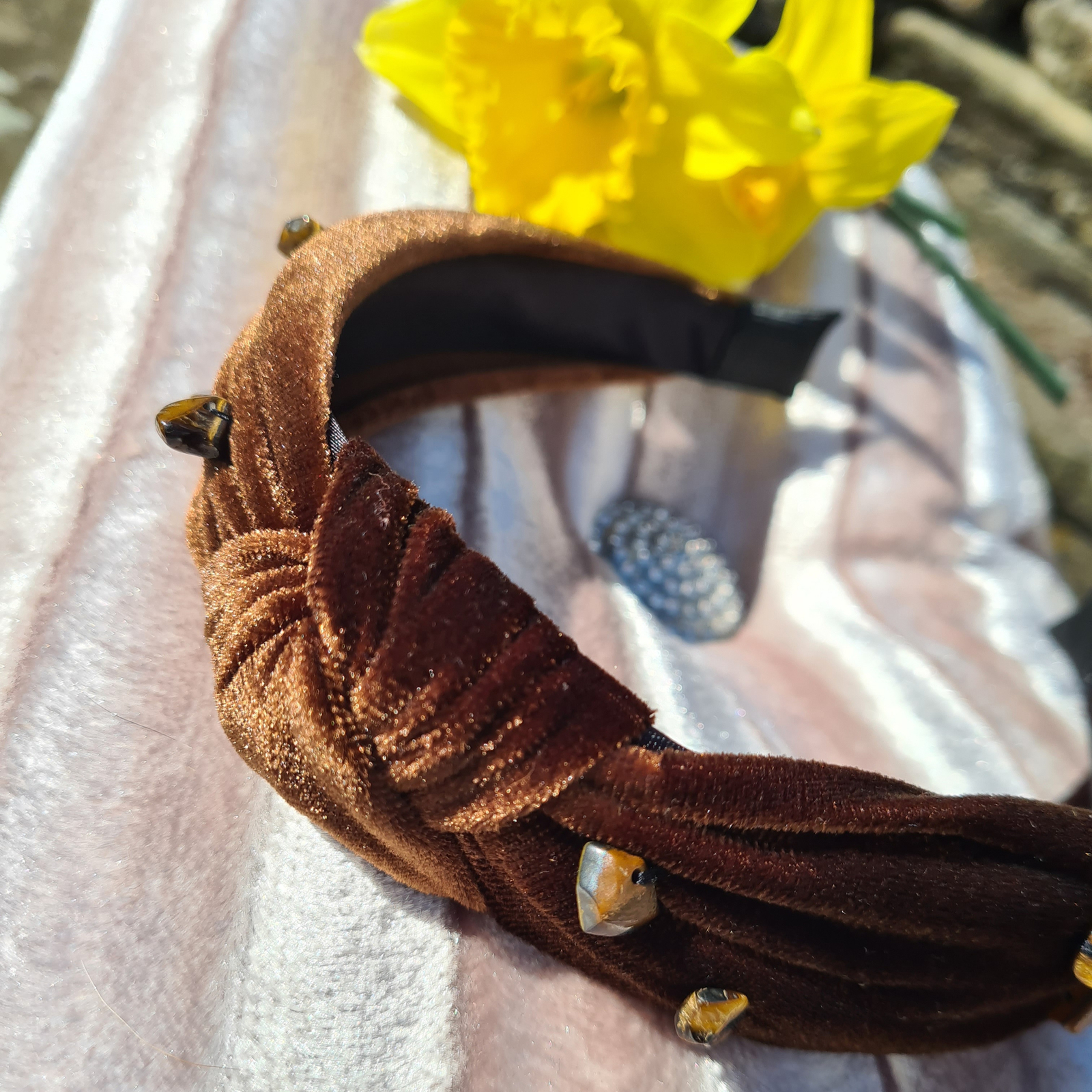 Brown velvet knotted headband with tiger eye chips