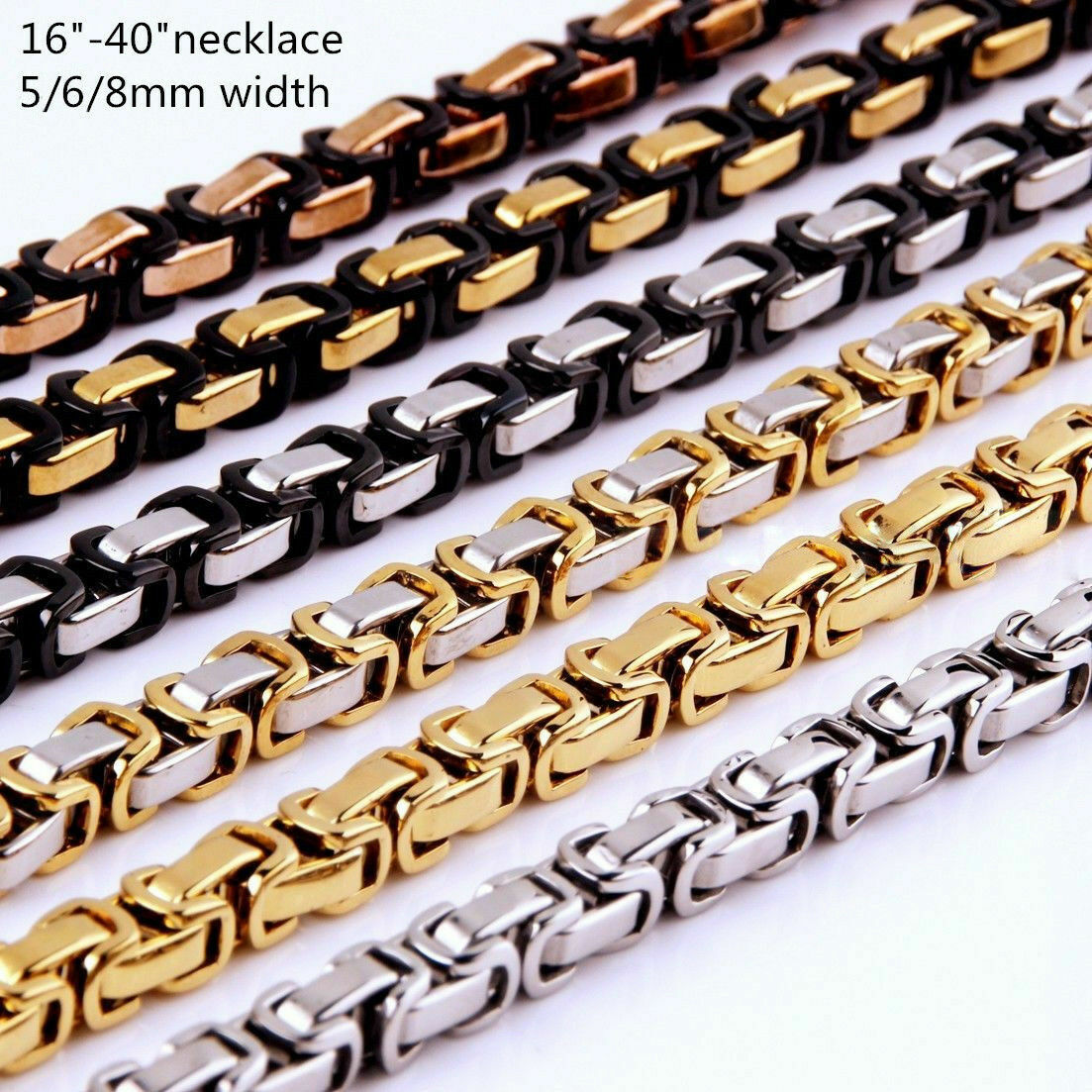 New Men Stainless Steel 5/6/8mm Silver/Gold/Black Byzantine Box Chain Necklace