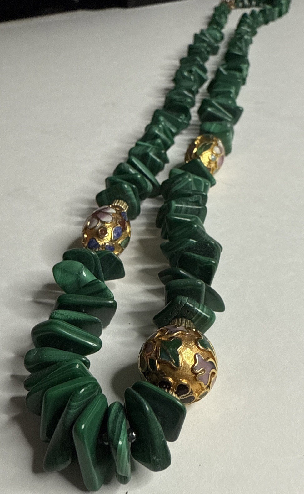 Vtg Malachite Necklace 1/20 14k GF Clasp With Cloisonné Beads, 30”