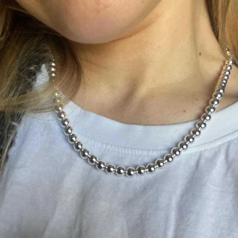 925 Sterling Silver 18K Gold 6mm Smooth Beads Ball Chain Necklace Women Jewelry