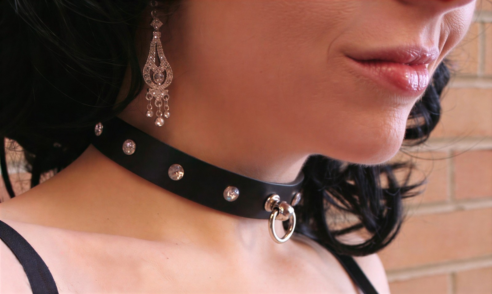 Sexy Gothic Black Leather Choker with Large Australian Crystals, XTC Leather