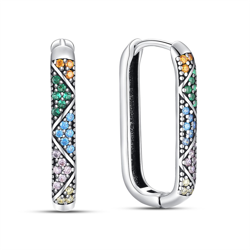 PANDACH 925 Sterling Silver Colorful CZ Geometric U-Shaped Hoop Earrings Womens