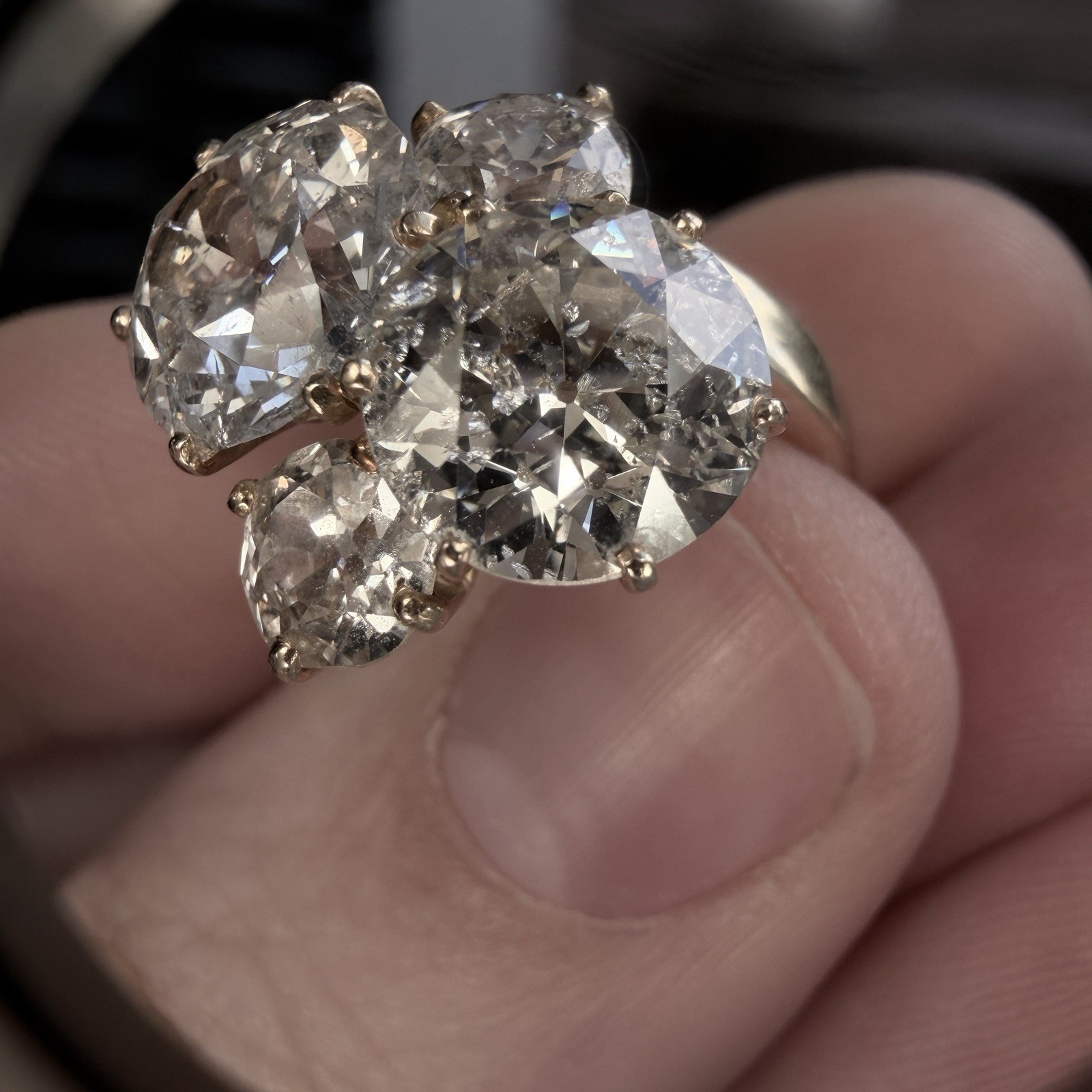Over 9 Carat Two Old European Cut Diamond 2 Old Mine cut Diamond 18k Ring French