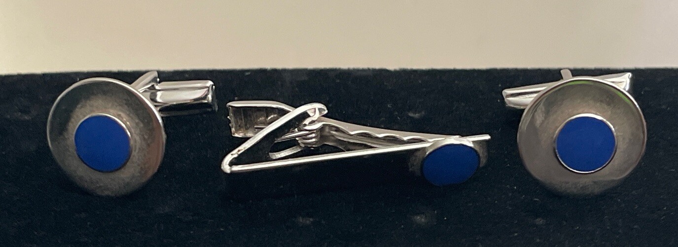 Vintage Silver Tone Blue Cufflinks & Tie Bar Set CL-25